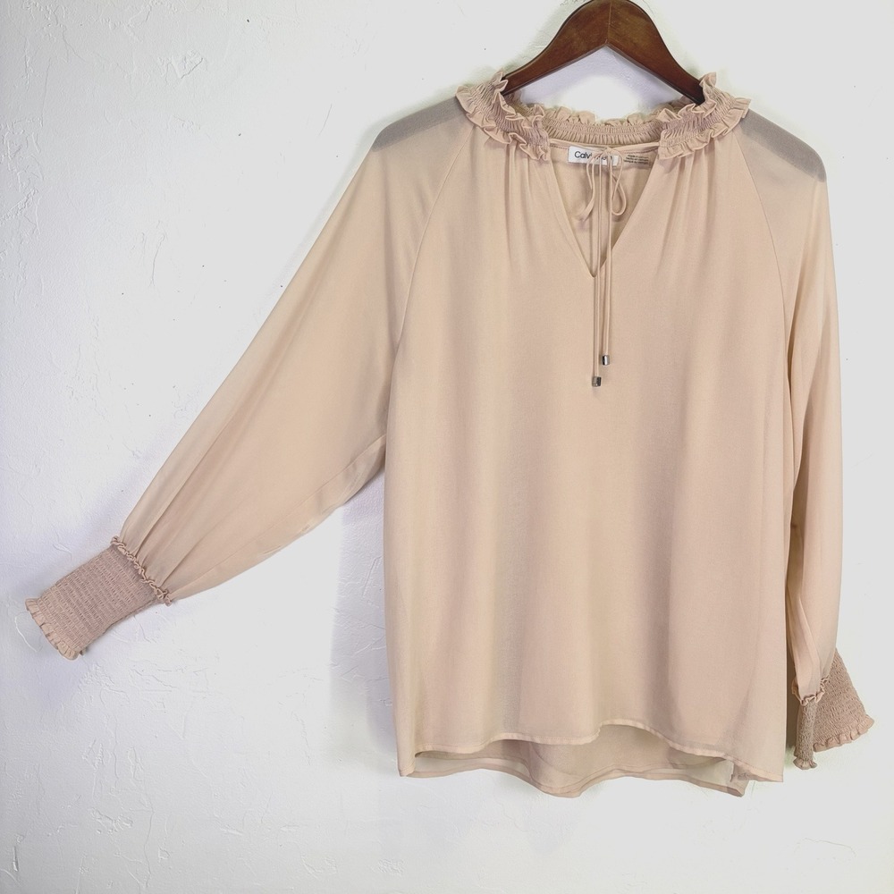 Calvin Klein Womens Chiffon Blouse Size M Blush Nude Sheer Staple Career Capsule